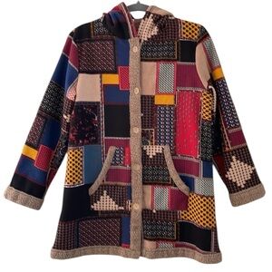 Unbranded Patchwork Print Cabin-core Button Up Hooded Jacket M EUC